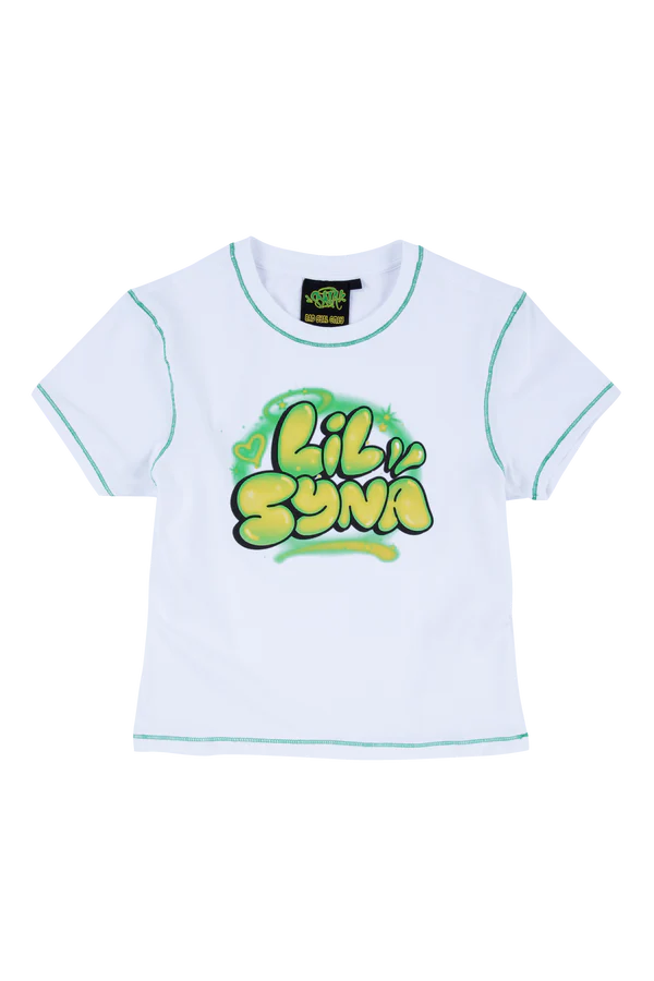 WOMEN’S LIL SYNA SPRAY CROPPED TEE – WHITE/GREEN WOMEN’S LIL SYNA SPRAY CROPPED TEE – WHITE/GREEN
